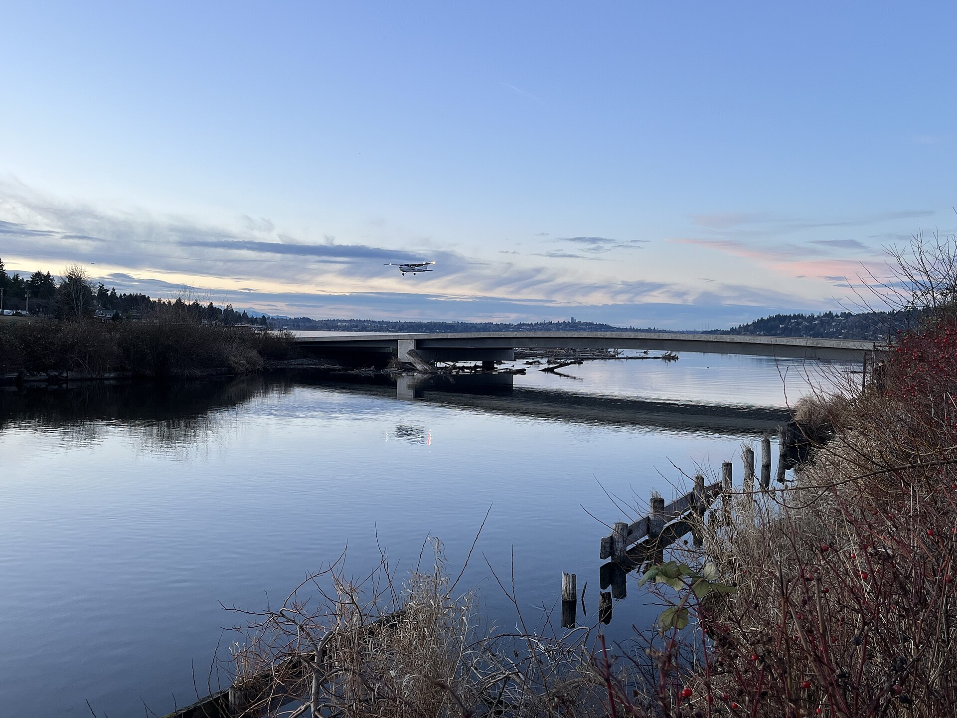 Aerial view of the Cedar River flowing into Lake Washington at Renton.