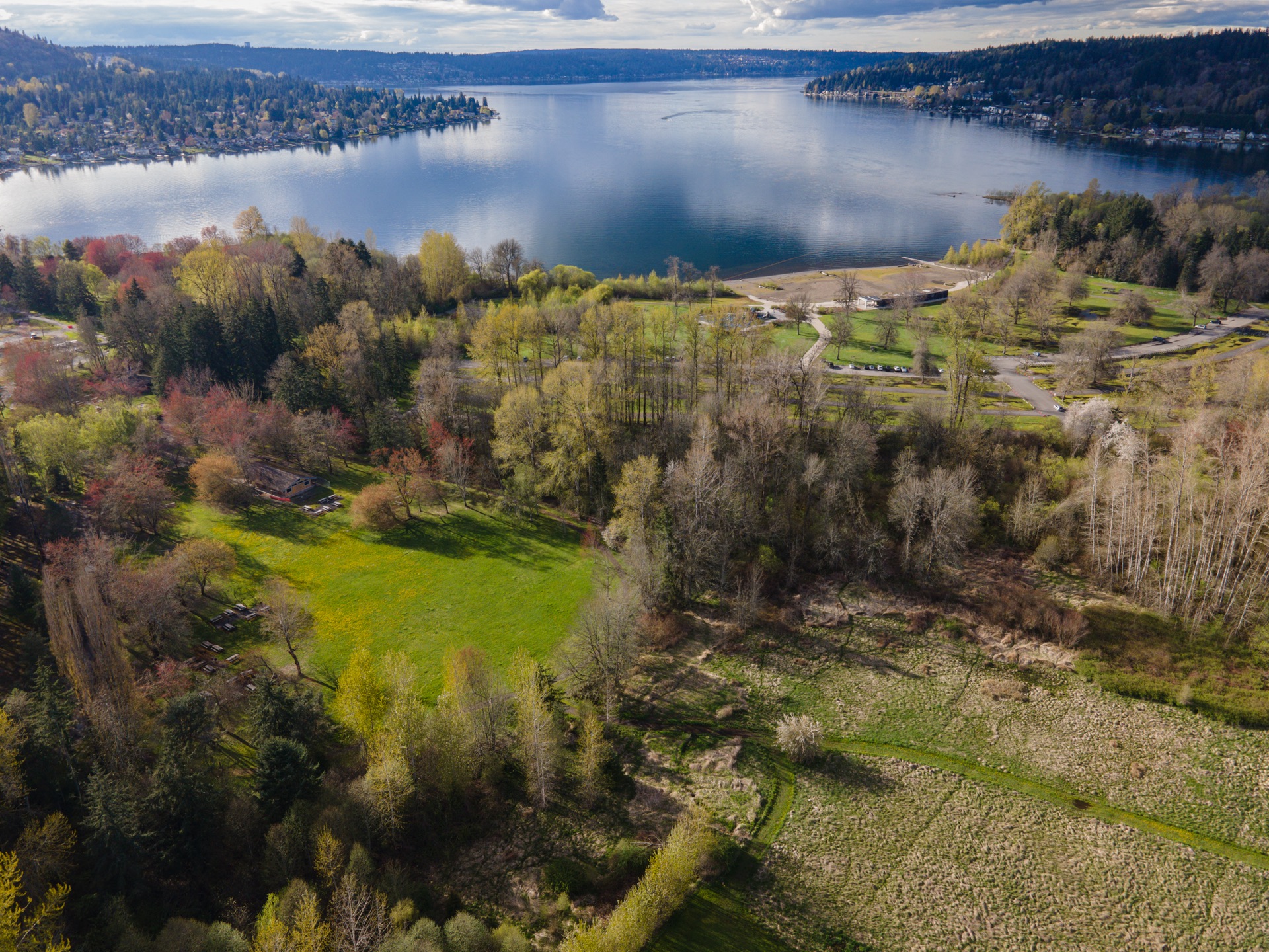 Aerial view of Lake Sammamish State Park near Redmond, Washington.