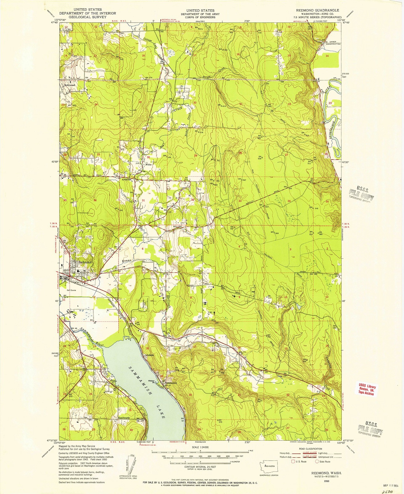 Detail of a 1950 USGS topographic map of the Redmond area, showing Lake Sammamish in green and blue.